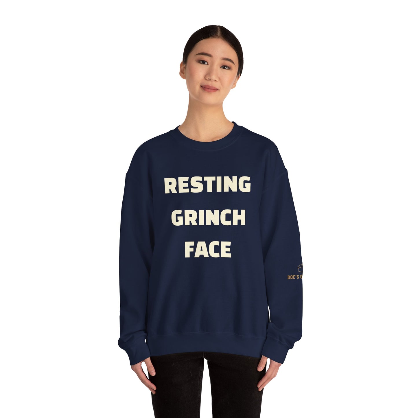 Crewneck Sweatshirt — "Resting Grinch Face" Front & #GotItAtDocs Back Holiday Pullover
