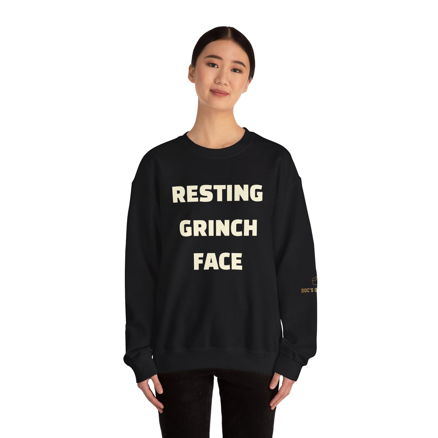 Crewneck Sweatshirt — "Resting Grinch Face" Front & #GotItAtDocs Back Holiday Pullover