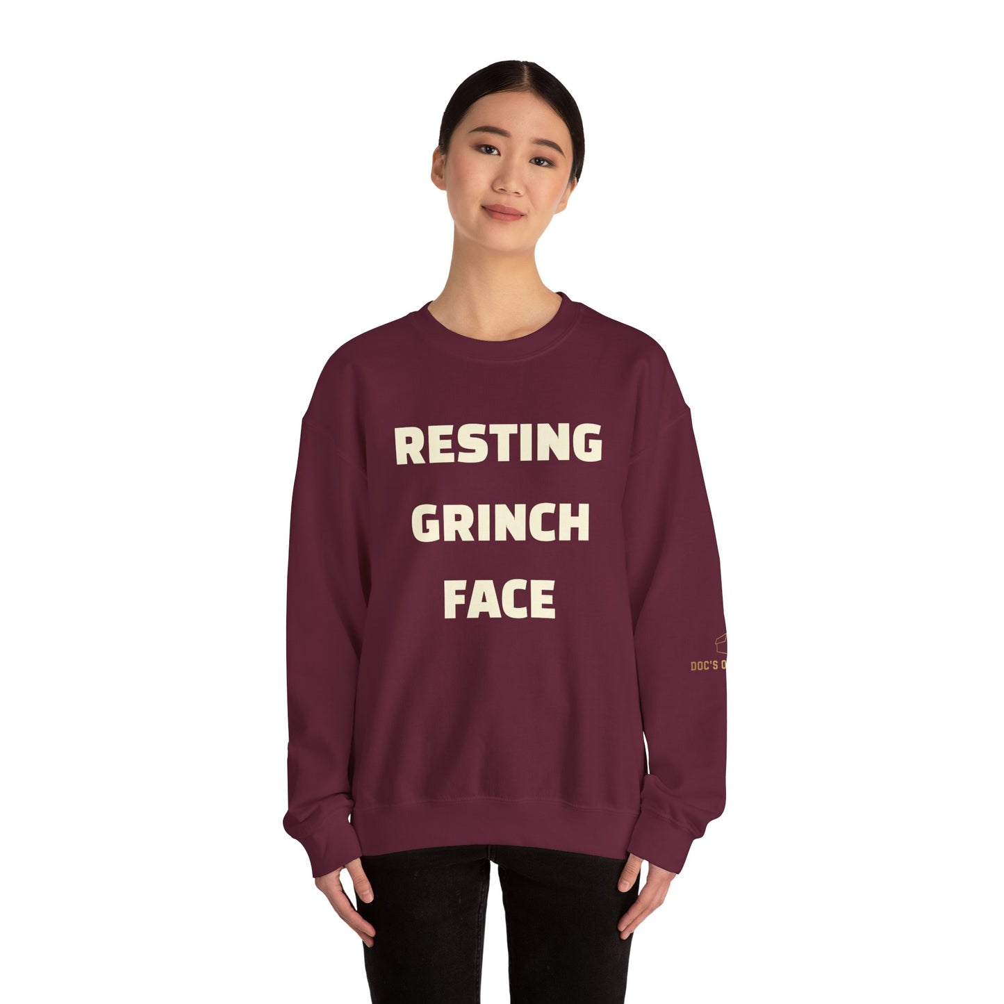 Crewneck Sweatshirt — "Resting Grinch Face" Front & #GotItAtDocs Back Holiday Pullover