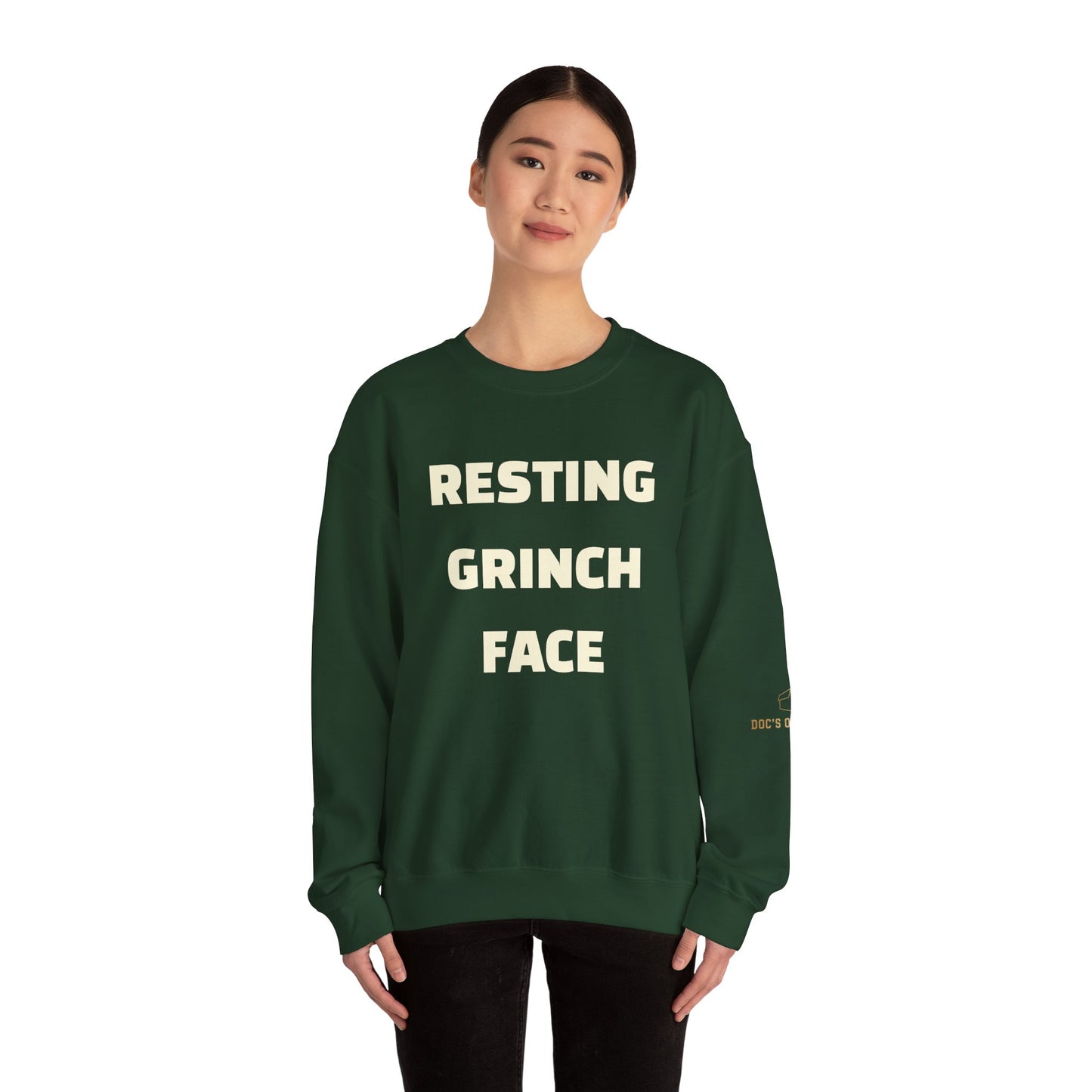 Crewneck Sweatshirt — "Resting Grinch Face" Front & #GotItAtDocs Back Holiday Pullover