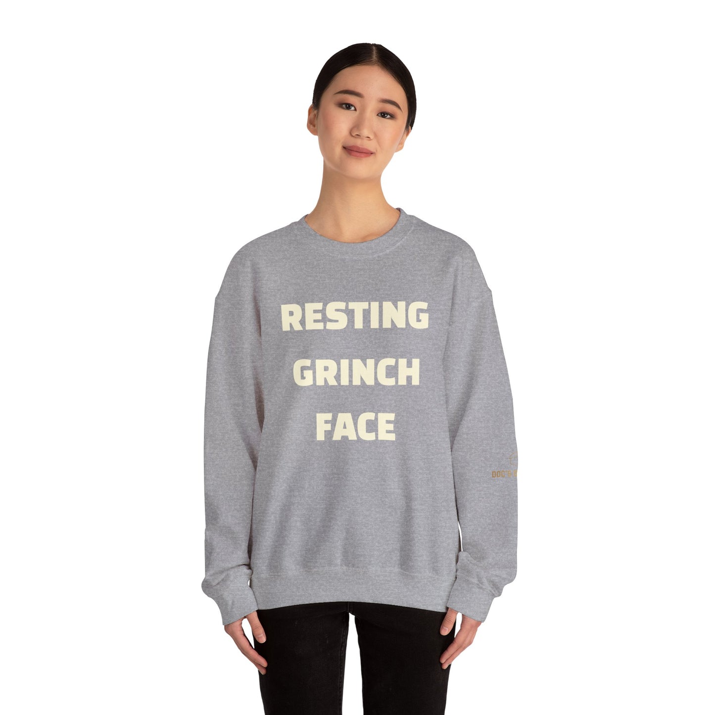 Crewneck Sweatshirt — "Resting Grinch Face" Front & #GotItAtDocs Back Holiday Pullover