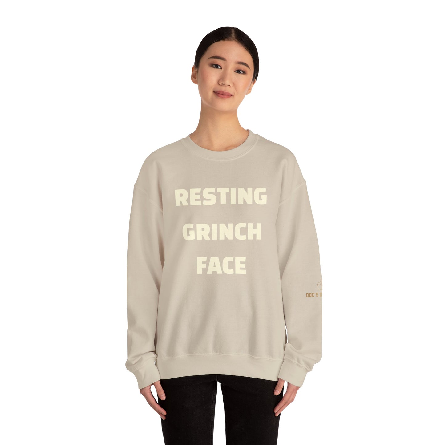 Crewneck Sweatshirt — "Resting Grinch Face" Front & #GotItAtDocs Back Holiday Pullover