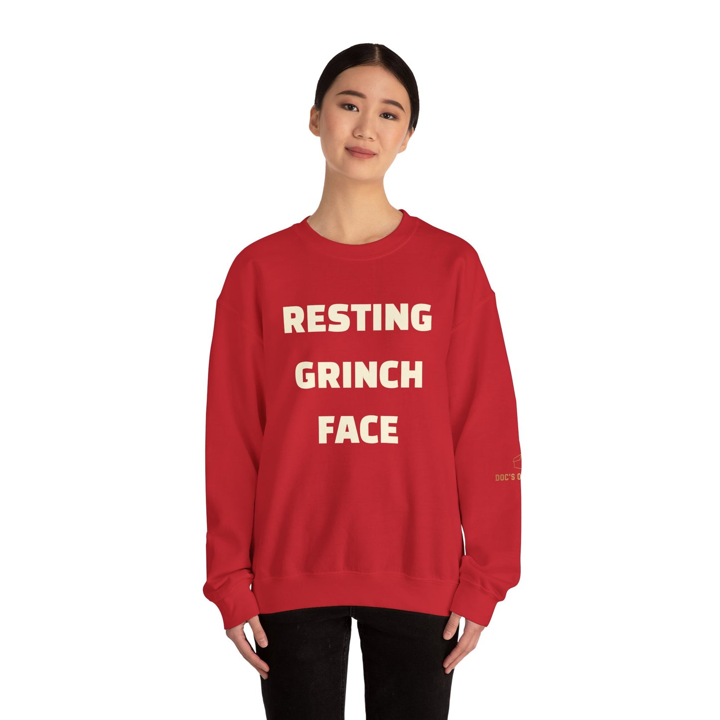 Crewneck Sweatshirt — "Resting Grinch Face" Front & #GotItAtDocs Back Holiday Pullover