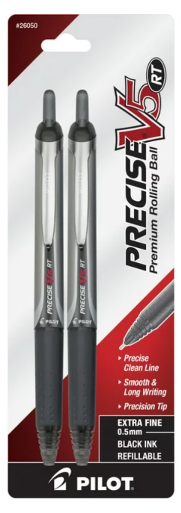 Pilot Precise V5 RT Pens, Extra Fine Point, Rolling Ball, Black Ink, 2 CT