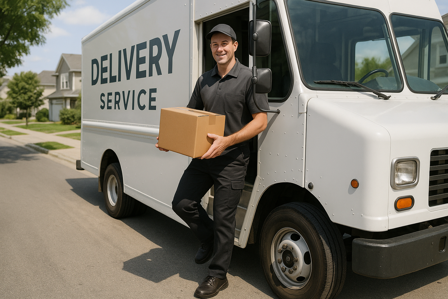 Delivery driver coming off a delivery.truck with a package 